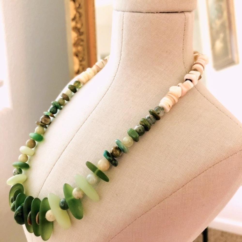 Vintage Beach Glass Stone Necklace & Green Crystal Ea… Gem